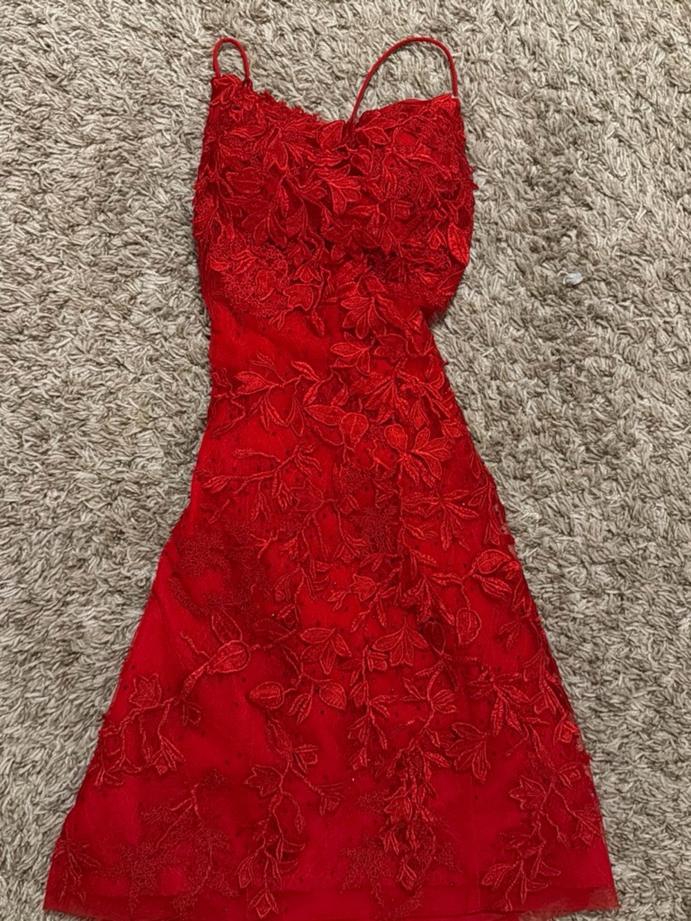 Sherri Hill Red Lace Spaghetti-Strap Mini Dress